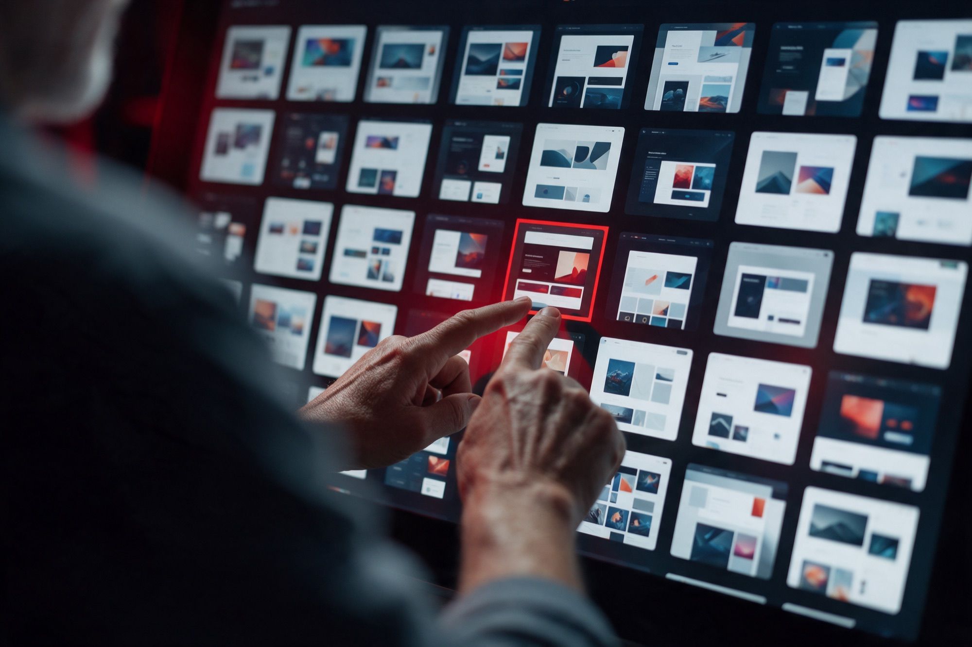 A designer's hand choosing one design from dozens of AI-generated options