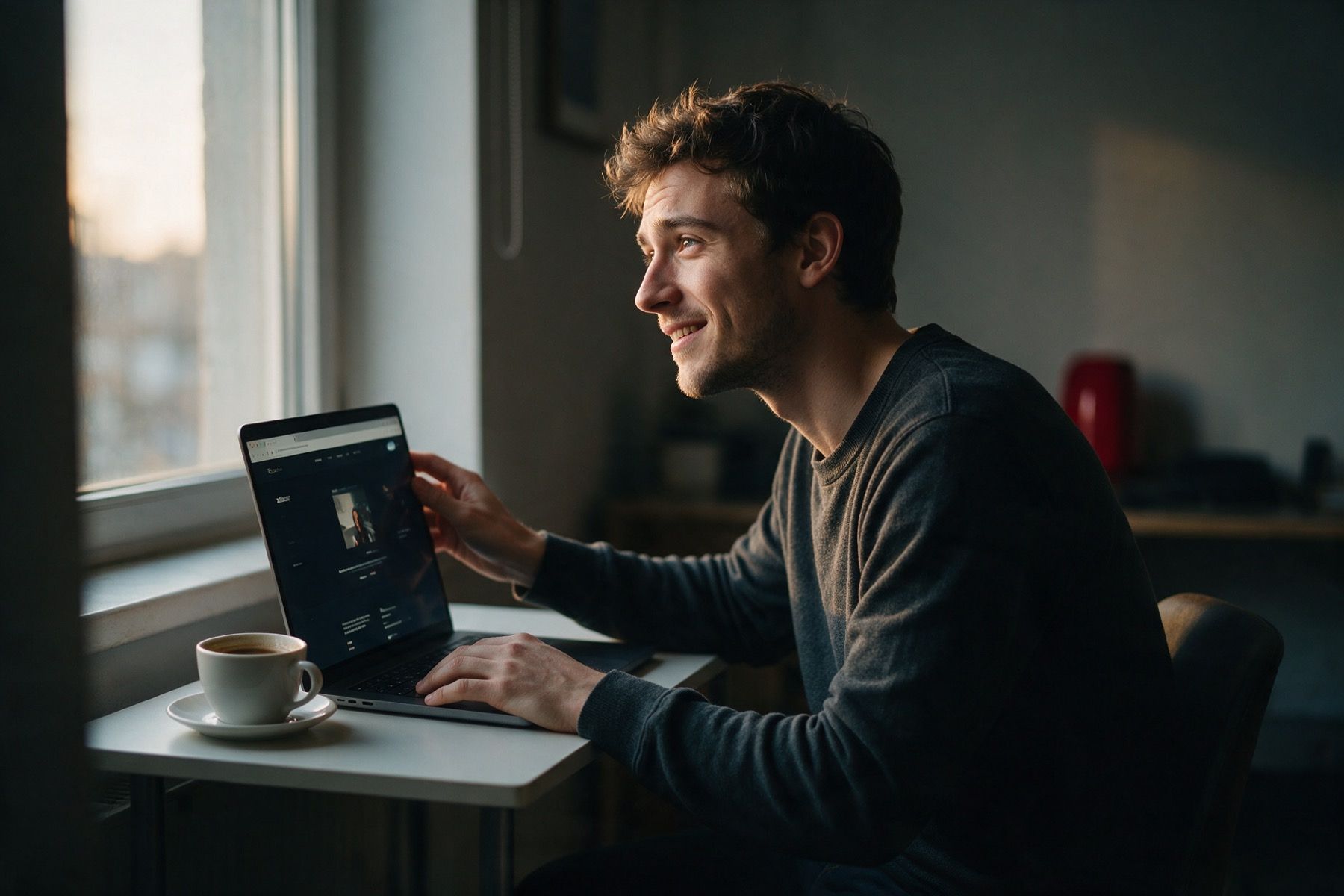 A solo founder opening a laptop in morning light